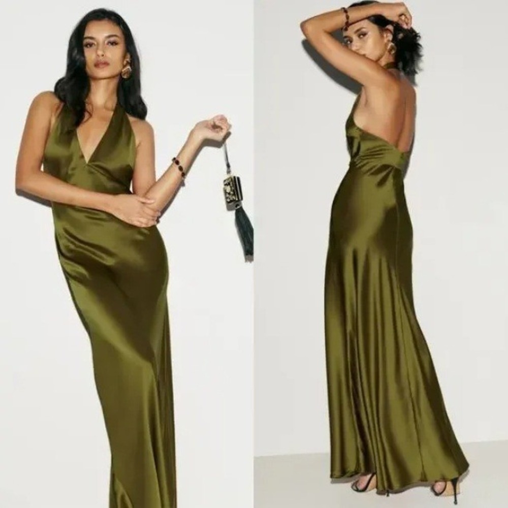 Reformation Daniela Silk Halter Maxi Dress in Pear Satin Evening Gown 6 - Picture 2 of 9